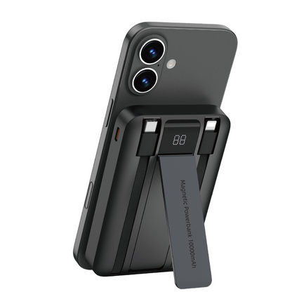 Black WiWU magnetic 10000mAh power bank with built-in cables and foldable stand charging an iPhone