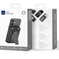 Black WiWU magnetic power bank attached to the back of a silver iPhone with foldable stand extended, perfect for travel charging