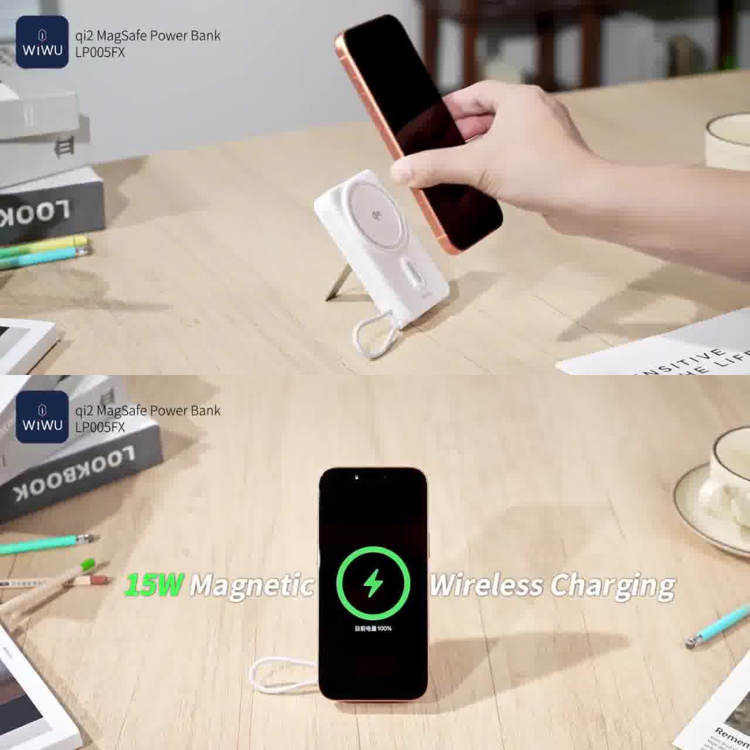 WiWU Qi2 MagSafe power bank on desk magnetically charging smartphone with 15W magnetic wireless charging