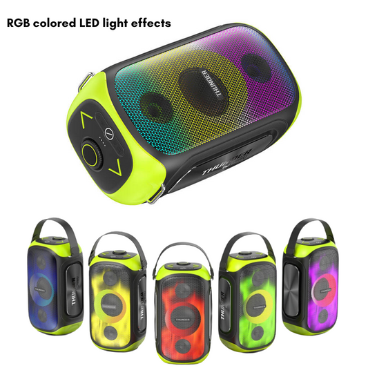 WiWU Thunder P20 portable Bluetooth speaker in yellow featuring vibrant RGB LED light effects, modern design, and a carrying handle, shown in multiple color modes.