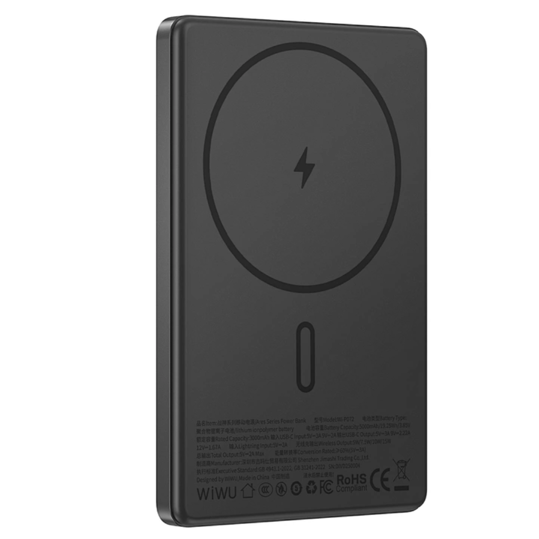 Back view of WiWU Warriors 5000mAh MagSafe magnetic power bank showing wireless charging ring and slim black design