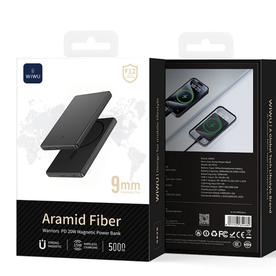 Retail packaging of WiWU Warriors 5000mAh MagSafe magnetic power bank with aramid fiber design and 20W PD 15W wireless charging features shown on the box