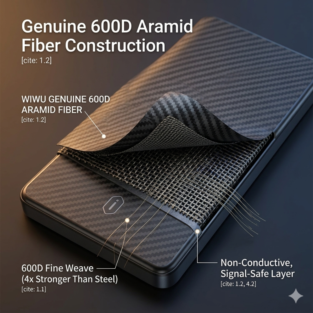 Close-up of WiWU Warriors 5000mAh MagSafe magnetic power bank showing genuine 600D aramid fiber construction with fine weave and signal-safe layer