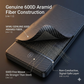 Close-up of WiWU Warriors 5000mAh MagSafe magnetic power bank showing genuine 600D aramid fiber construction with fine weave and signal-safe layer