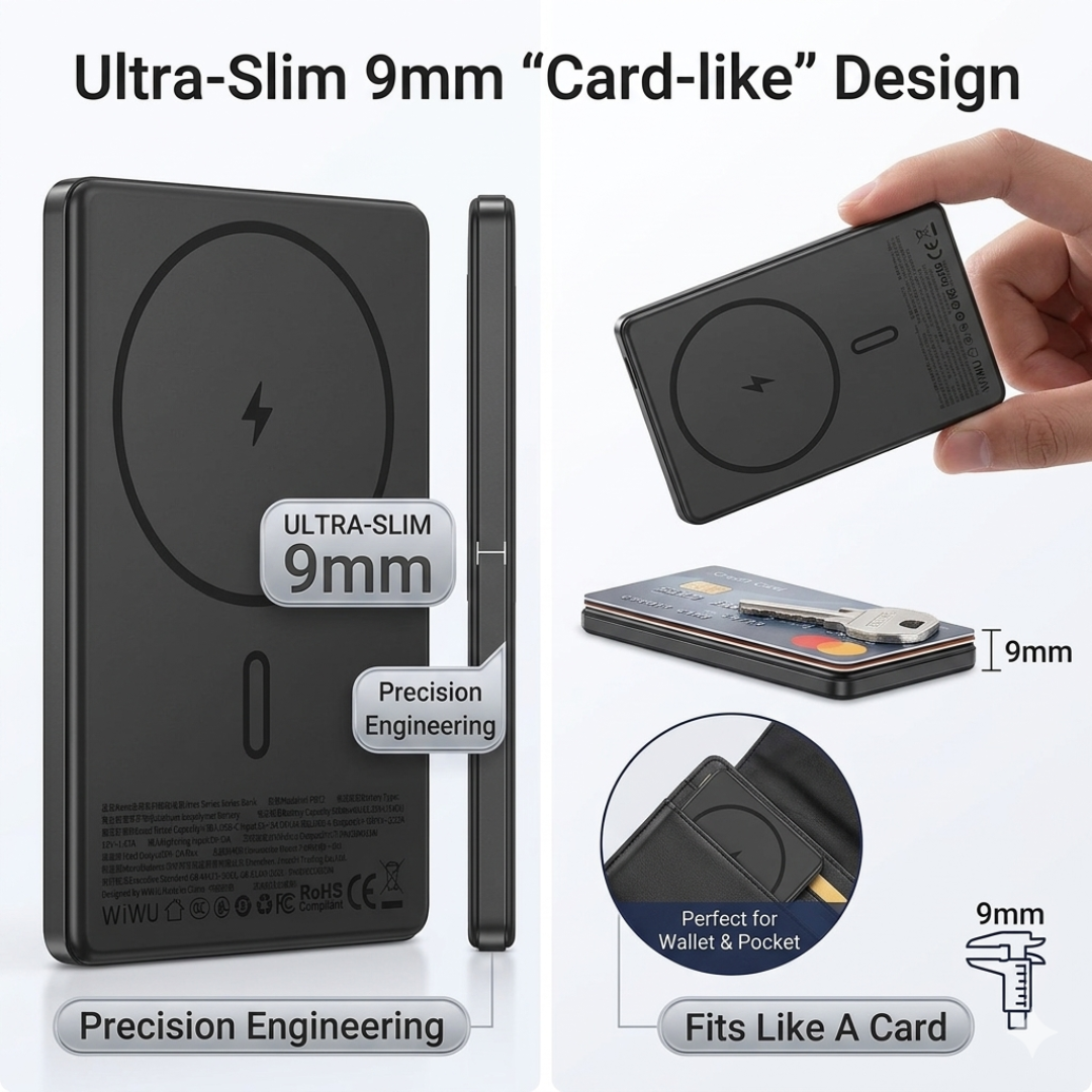 WiWU Warriors 5000mAh MagSafe magnetic power bank showcasing ultra-slim 9mm card-like design that fits in wallets and pockets