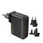 WiWU Wi-U022W 100W GaN fast charger with three USB ports and interchangeable EU, UK, and US adapters for worldwide charging.