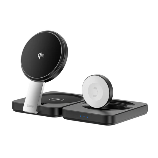 WiWU Wi-W028 Qi2.0 3-in-1 folding wireless charger with MagSafe stand, Apple Watch charging module, and AirPods charging pad, shown in a compact, travel-friendly design.