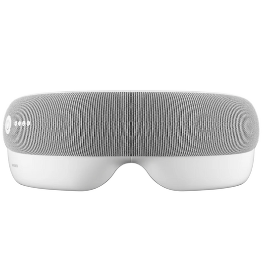 WiWU Wi-YD001 intelligent eye massager with gray fabric exterior, featuring heated, vibration, and air compression functions for migraine relief and eye relaxation.