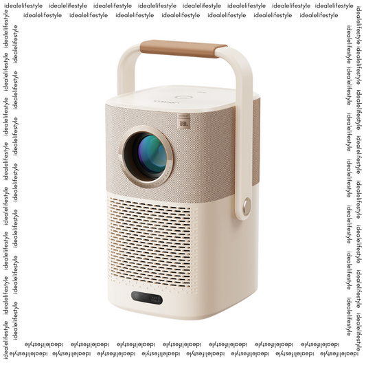 Yaber portable projector with built-in JBL audio, modern beige design and leather handle, ideal for home entertainment.