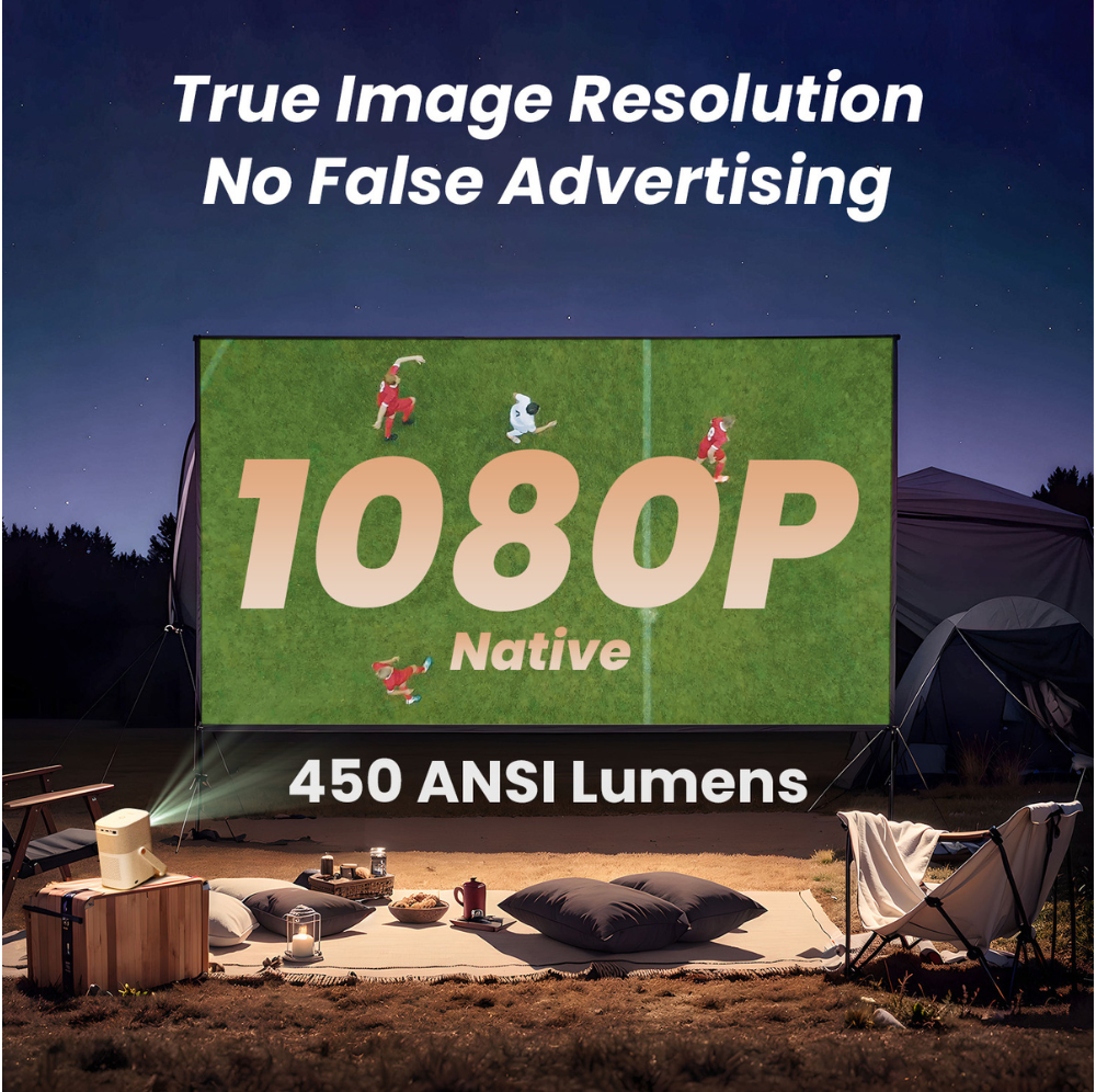 Yaber projector outdoor setup showing 1080P native resolution, 450 ANSI lumens, true image quality for camping movie night