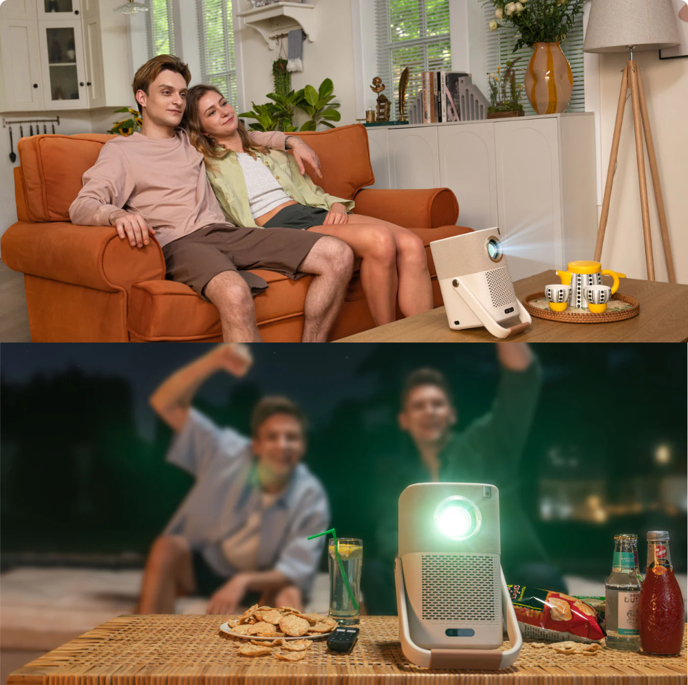 Yaber projector in home and outdoor settings, lifestyle photo with couples enjoying movies and snacks