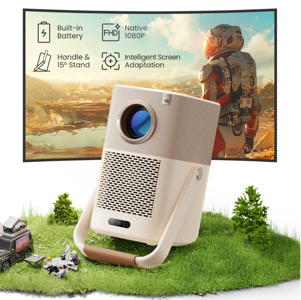 Yaber projector with built-in battery, native 1080P resolution, intelligent screen adaption, and portable handle in outdoor camping setup