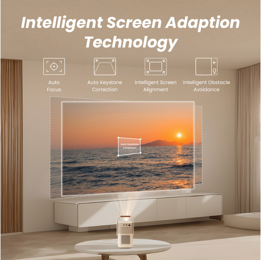 Yaber projector on table with sunset projection, showcasing intelligent screen adaption technology, auto focus, auto keystone correction, smart alignment