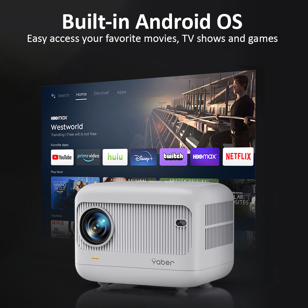 Yaber Ultra-Mini Projector L1 with built-in Android OS, displaying streaming apps like YouTube, Netflix, HBO Max, Prime Video, and Disney+ on a big screen for home entertainment.