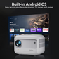 Yaber Ultra-Mini Projector L1 with built-in Android OS, displaying streaming apps like YouTube, Netflix, HBO Max, Prime Video, and Disney+ on a big screen for home entertainment.