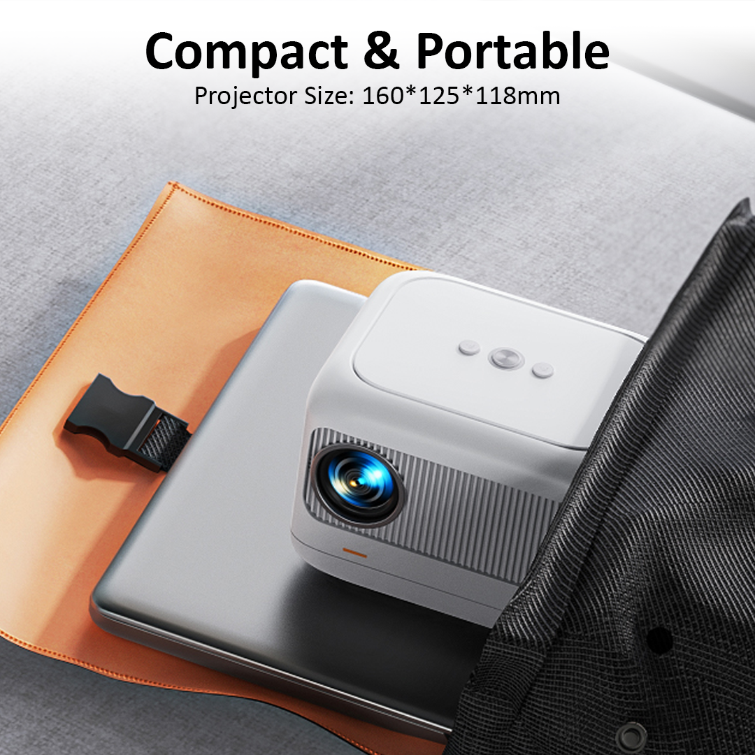 Yaber Ultra-Mini Projector L1 shown as compact and portable, placed atop a laptop inside a sling bag to highlight its convenient size (160125118mm) for easy travel.