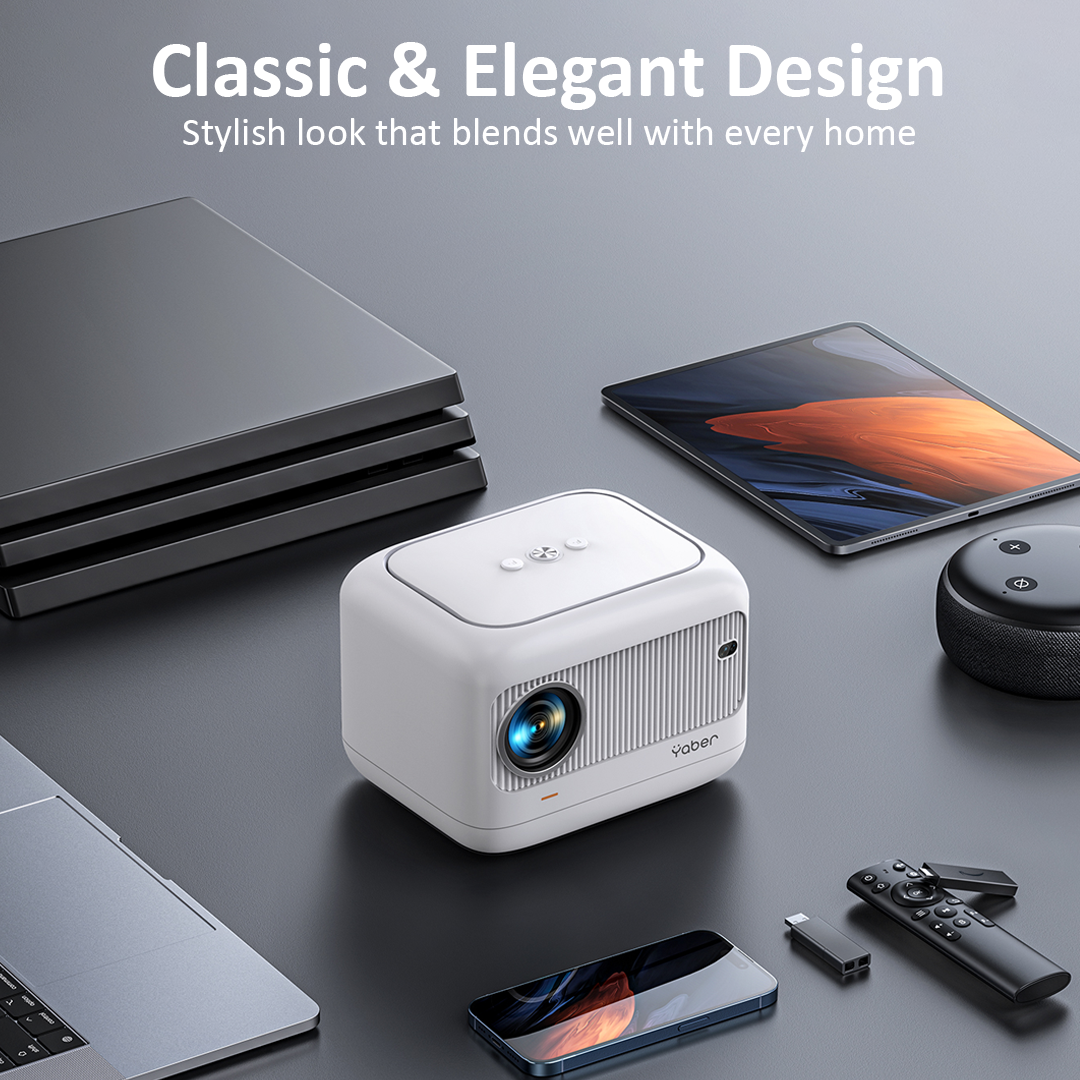 Yaber Ultra-Mini Projector L1 showcased on a modern desk with laptop, tablet, smart speaker, smartphone, and remote, highlighting its classic and elegant design for stylish home entertainment.