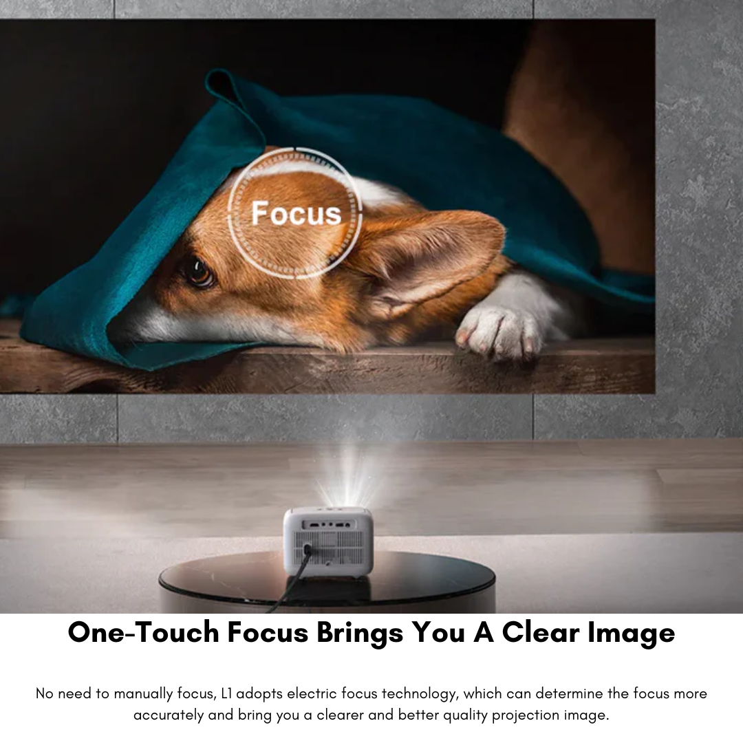 Yaber Ultra-Mini Projector L1 displaying a sharp image of a dog under a blue blanket with one-touch electric focus, highlighting crystal-clear projection quality in a modern home setting.