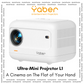 Yaber Ultra-Mini Projector L1 in white, compact portable entertainment projector displayed on a white background with tagline "A Cinema on The Flat of Your Hand" for idealelifestyle.