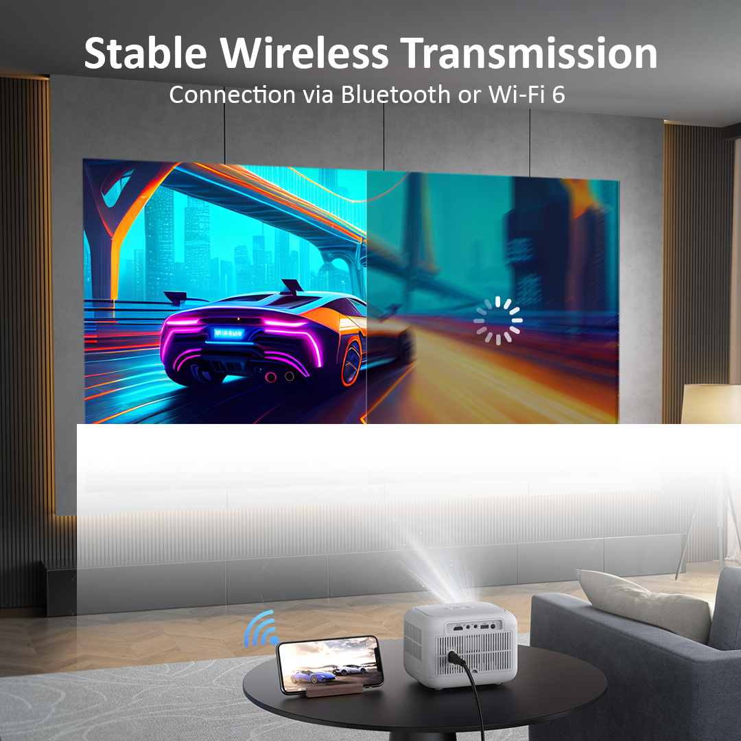 Yaber Ultra-Mini Projector L1 showcasing stable wireless transmission using Bluetooth or Wi-Fi 6, streaming a racing game from a smartphone to a large screen in a modern living room.