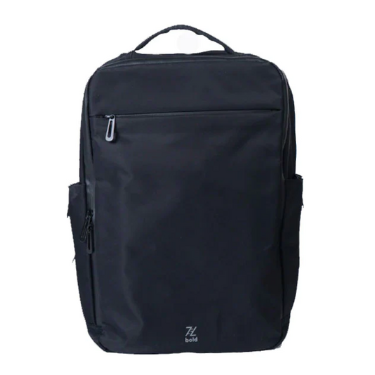 Black rectangular ZL Bold backpack with top handle and front zippered pocket on white background.