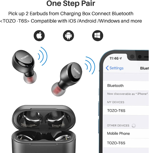 TOZO T6S Bluetooth 5.2 2022 New Version True Wireless Earbuds Environmental Noise Cancellation Stereo Headphones Built in Mic Headset Premium Sound with Deep Bass Support APP Control for Sport