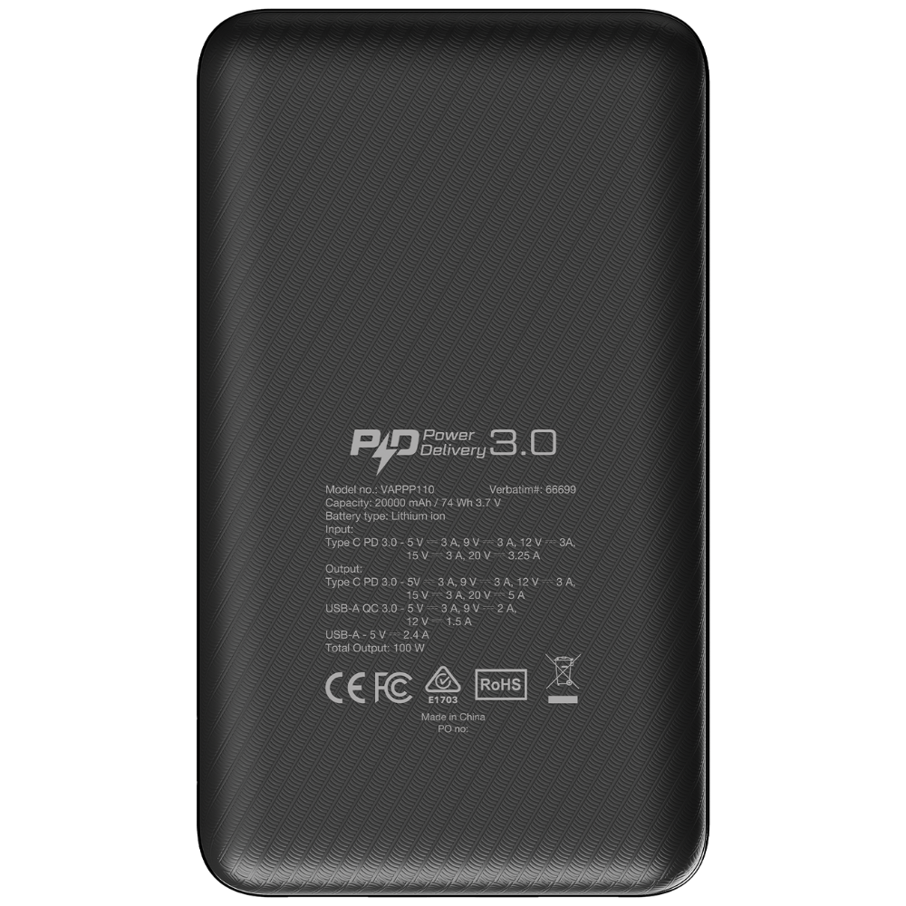 Verbatim 20000mAh 100W PD3.0 PPS Power Pack with PD 100W + QC3.0 18W + USB-A 12W