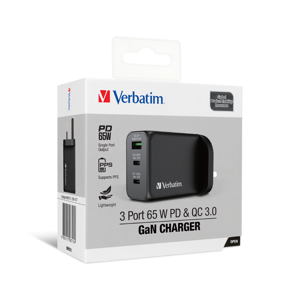 Verbatim 3 Ports 65W Gan Charger with PD & QC3.0