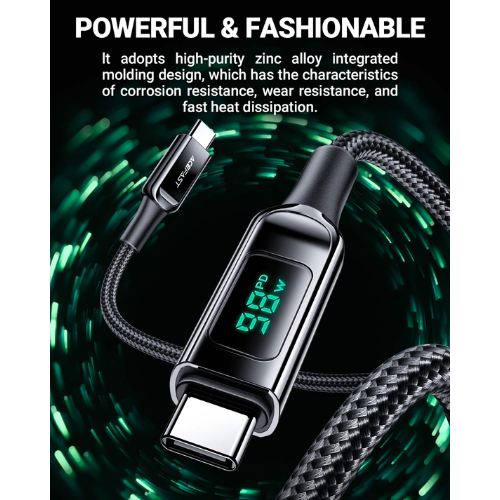 ACEFAST C6-03 USB-C to USB-C 100W Zinc Alloy Digital Display Braided Charging Data Cable (1.2m) - Black