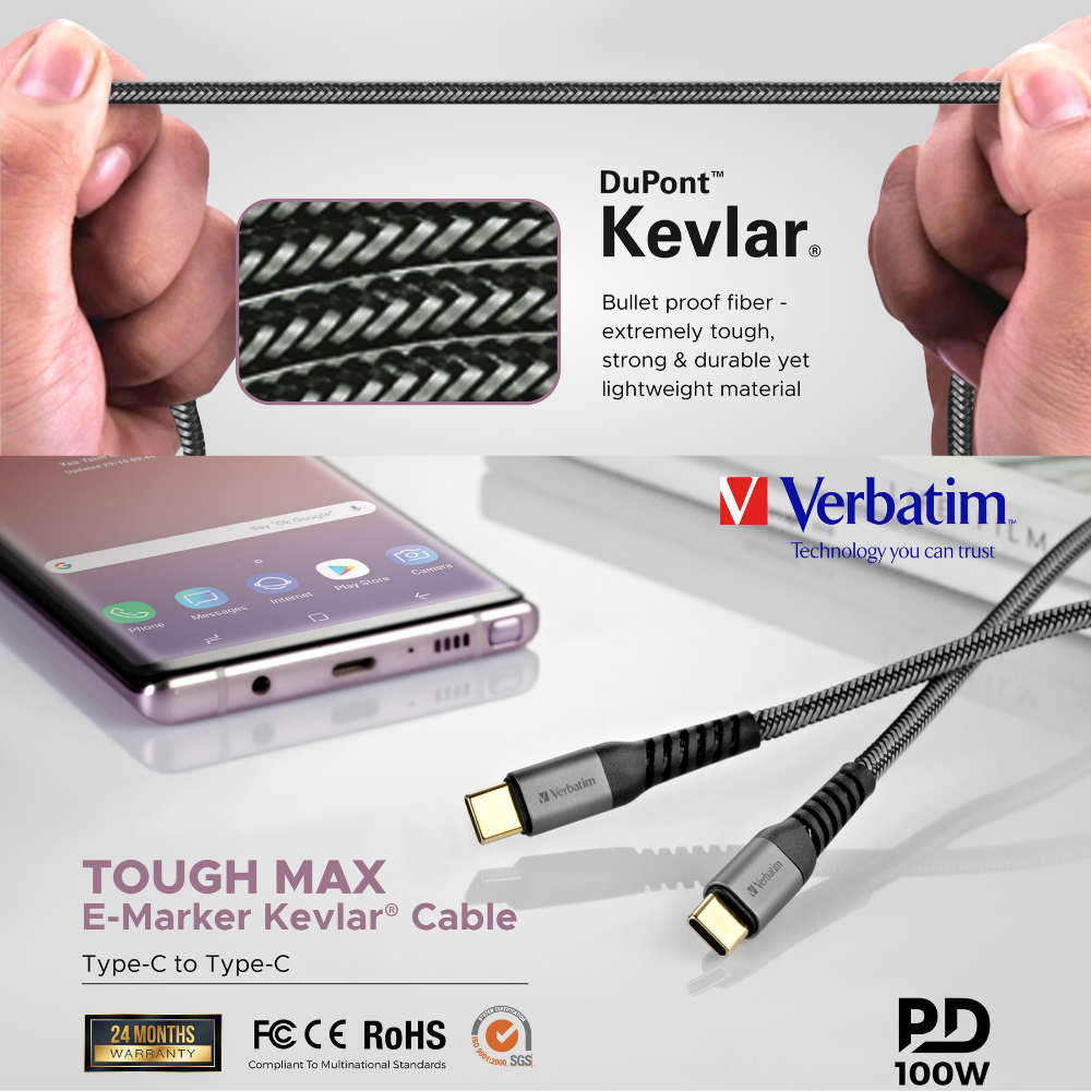 Verbatim Tough Max E-Marker Kevlar Type-C Cable PD100W