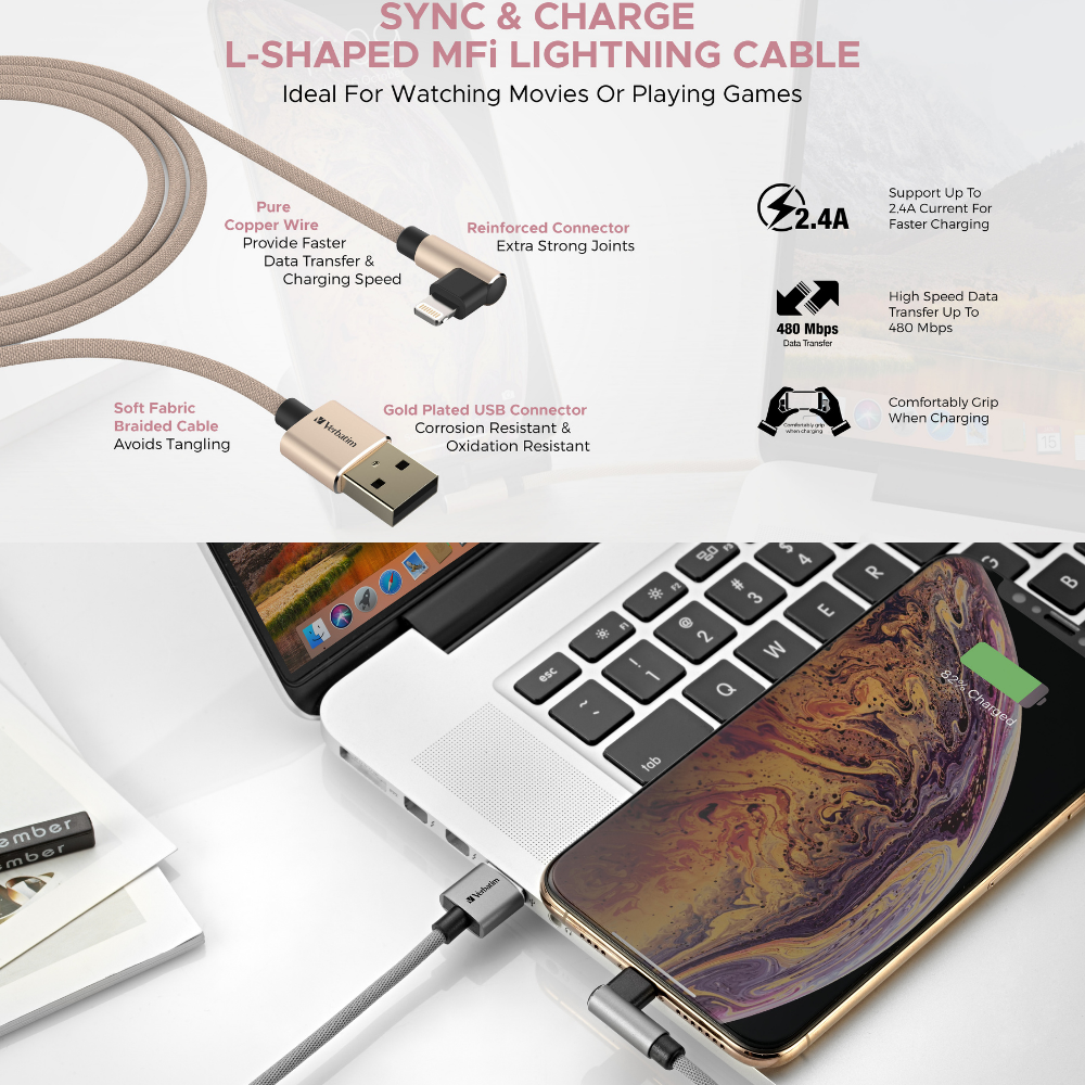 Verbatim 120cm L-Shaped MFI Lightning Cable