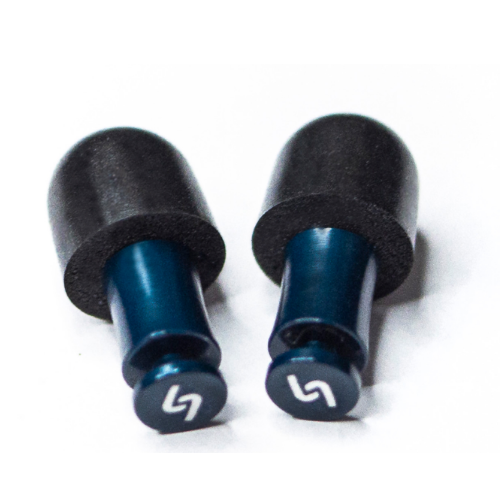 Close-up of Attenu8 blue noise reduction earplugs with soft foam tips, ideal for sleep and travel, available at Ideale Lifestyle e-commerce store