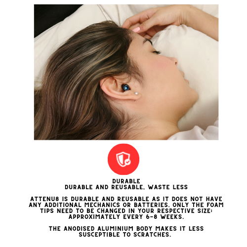 Attenu8 earplugs shown in use while sleeping, highlighting durable and reusable anodised aluminium body with changeable foam tips for long-lasting noise reduction, available at Ideale Lifestyle e-commerce store