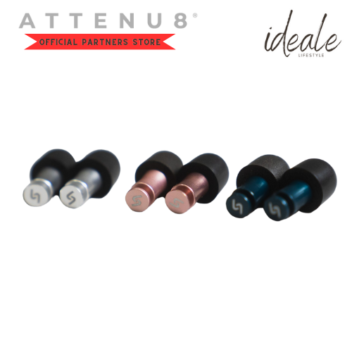 Attenu8 noise reduction earplugs in silver, rose gold, and blue colors for travel and sleep, available at Ideale Lifestyle e-commerce store