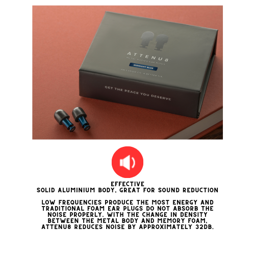 Attenu8 blue noise reduction earplugs with soft, bio-compatible memory foam tips available in multiple sizes for custom fit and comfort, ideal for side sleepers, at Ideale Lifestyle e-commerce store