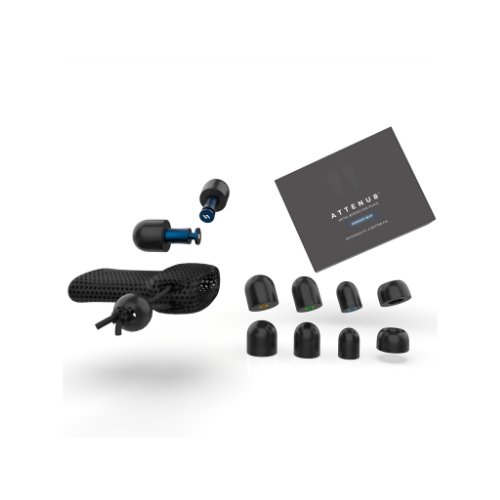Attenu8 blue noise reduction earplugs complete set with extra ear tips, carry pouch, and user guide, available at Ideale Lifestyle e-commerce store