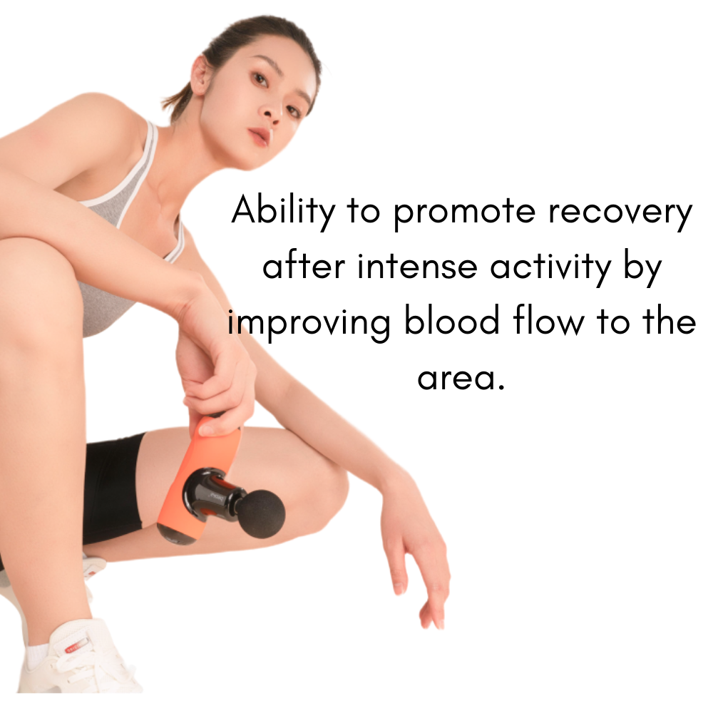Woman holding the Beoka Q1 Super Mini Percussion Massage Gun, promoting recovery after intense activity by improving blood flow to targeted muscles for faster relief and reduced soreness.
