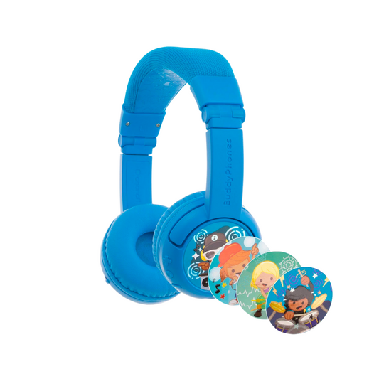 Bright blue over-ear kids’ headphones with a cushioned headband, shown with four interchangeable decorative discs featuring cartoon animals playing musical instruments and singing