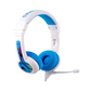 White and blue over-ear kids’ headphones with a colorful geometric pattern on the earcups and a detachable boom microphone, shown on a white background