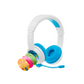 White and blue over-ear kids’ headphones with a detachable blue boom microphone, shown with four colorful interchangeable decorative discs fanned out beside the earcup