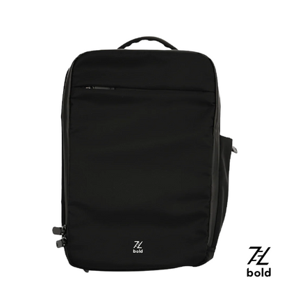 Bold 13L black minimalist backpack with front zipper pocket, top handle, and rectangular design, displayed on white background with Bold logo