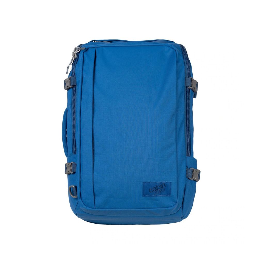 CabinZero ADV 42L Adventure Cabin Bag in Atlantic Blue, lightweight cabin-sized travel backpack with water-resistant fabric, Okoban tracking, and 25-year warranty available at Ideale Lifestyle