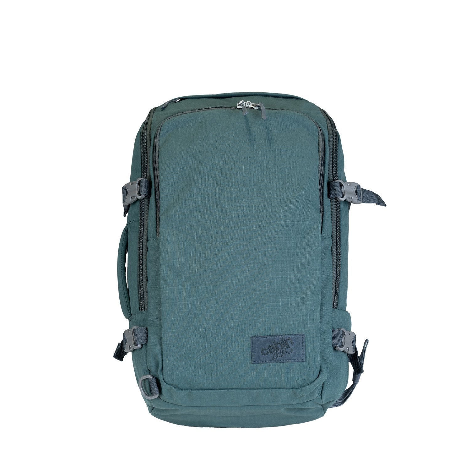 CabinZero ADV Pro 32L backpack in Mossy Forest green, water-resistant travel bag with compression straps and laptop sleeve for adventure