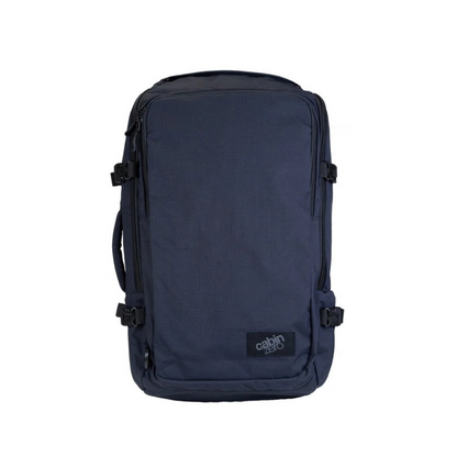 CabinZero ADV Pro 42L Adventure Cabin Bag in Absolute Black, front view, showcasing lightweight, water-resistant travel backpack.