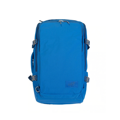 CabinZero ADV Pro 42L Adventure Cabin Bag in Atlantic Blue, front view, featuring water-resistant and lightweight travel backpack design.