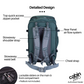 CabinZero ADV Pro 42L Adventure Cabin Bag in Mossy Forest, back view highlighting stowaway shoulder straps, waist belt, chest strap, rear panel airflow, and lockable zippers for secure travel.