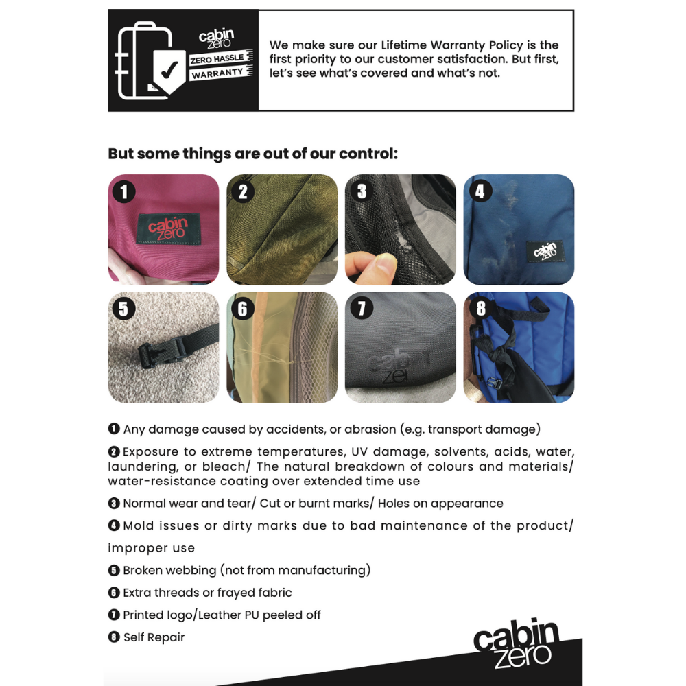 CabinZero backpack lifetime warranty exclusions guide, showing cases not covered such as accidental damage, extreme exposure, wear and tear, mold, broken webbing, frayed fabric, logo peeling, and self repair, available at ideale lifestyle.
