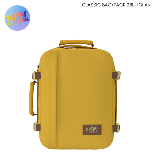 CabinZero Classic 28L Travel Cabin Bag in Hoi An yellow, compact lightweight carry-on backpack for travel, ideal for city breaks, day trips, and everyday essentials