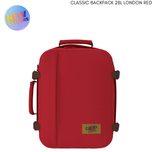 CabinZero Classic 28L Travel Cabin Bag in London Red, compact bright red backpack for travel, lightweight carry-on bag perfect for city trips, daily use, and short getaways