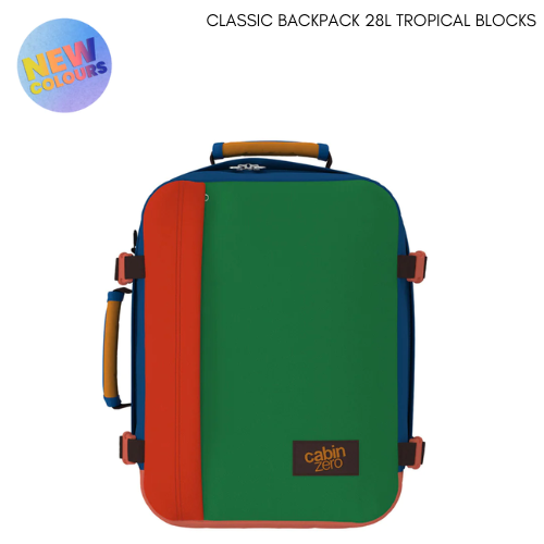CabinZero Classic 28L Travel Cabin Bag in Tropical Blocks colorway, vibrant multi-color compact backpack for travel, lightweight carry-on for holidays and city breaks